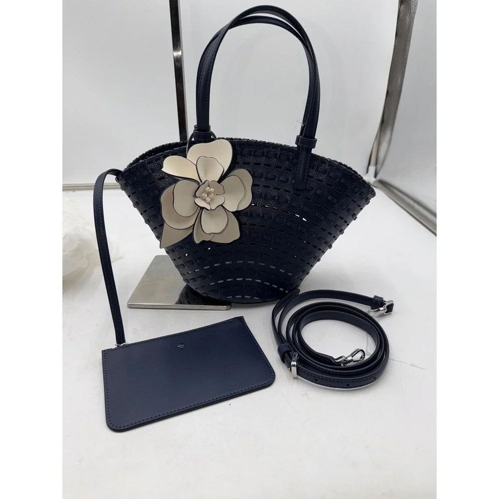 Kate Spade Dahlia Small Tote Parisian Navy Leather Woven Flower Bag KO471 NEW